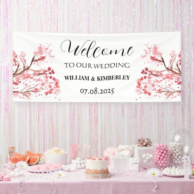 Cherry Blossom Pink Flowers Rustic Elegant Wedding Banner (Party)