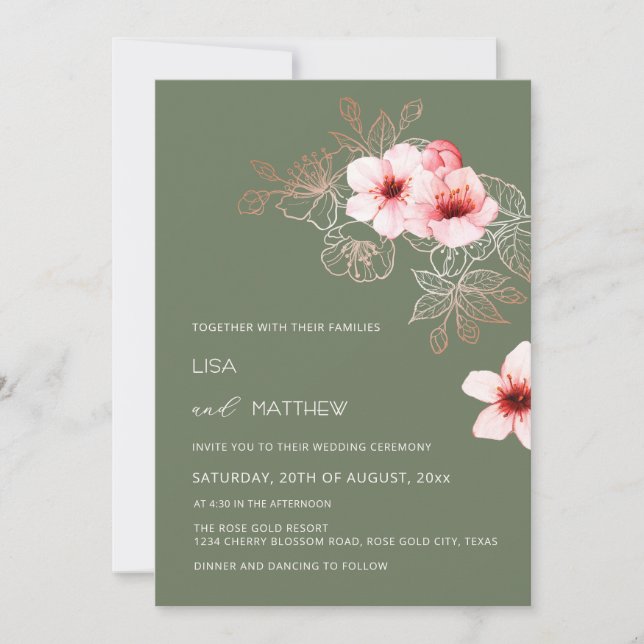 Cherry Blossom Pink Green Wedding Invitation (Front)