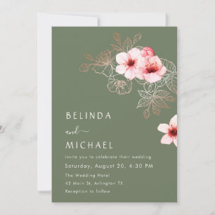 Cherry Blossom Pink Green Wedding Invitation