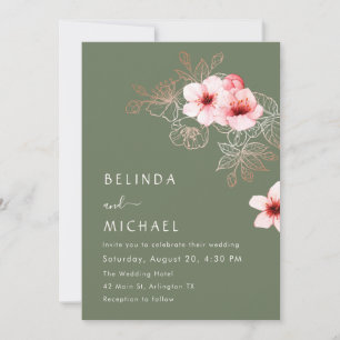 Cherry Blossom Pink Green Wedding Invitation