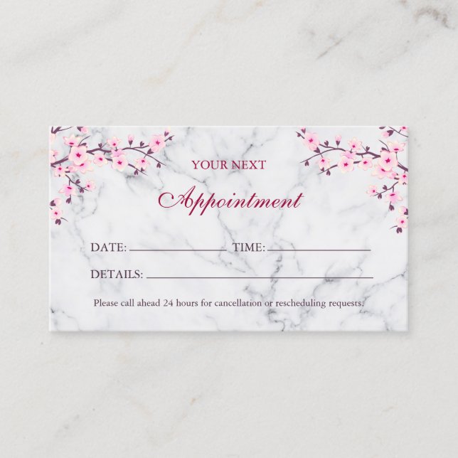 Cherry Blossom Pink Grey Marble Appointment  Business Card (Front)