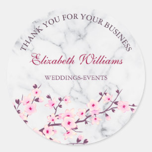 Cherry Blossom Pink Grey Marble Thank You Classic Round Sticker