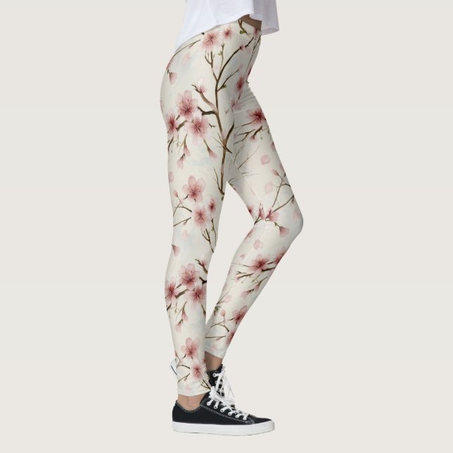Cherry Blossom Pink Japanese Floral Pattern Leggings (Right)