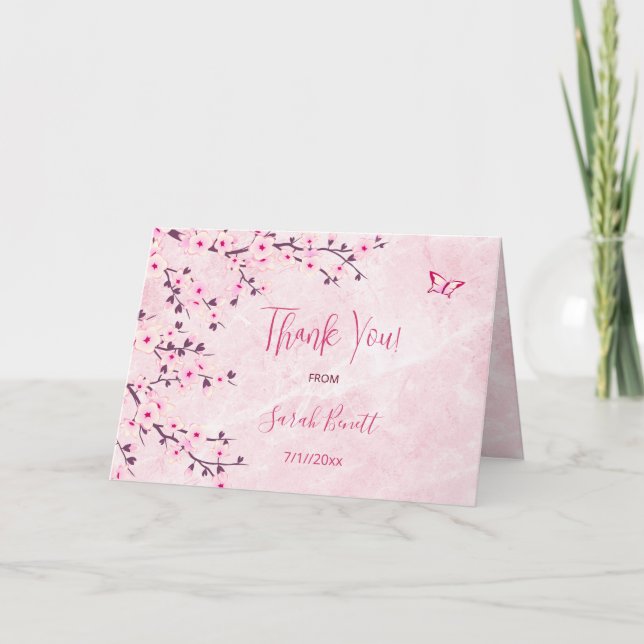Cherry Blossom Pink Marble Thank You Baby Shower Card (Front)