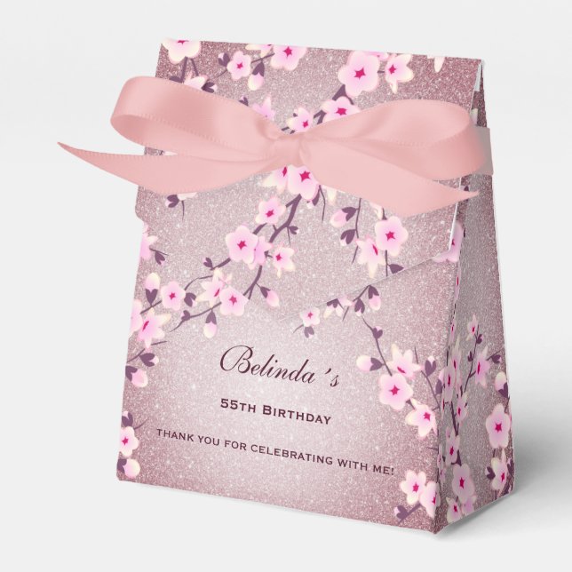 Cherry Blossom Pink Mauve Glitter Custom Birthday  Favour Box (Front Side)
