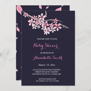 Cherry Blossom Pink navy   floral Baby Shower Invitation