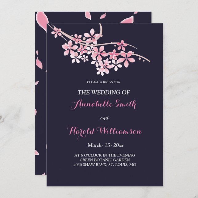 Cherry Blossom Pink navy floral  Wedding Invitation (Front/Back)