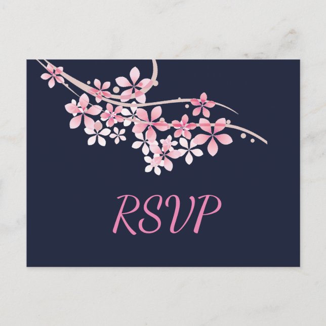Cherry Blossom Pink navy RSVP Invitation Postcard (Front)
