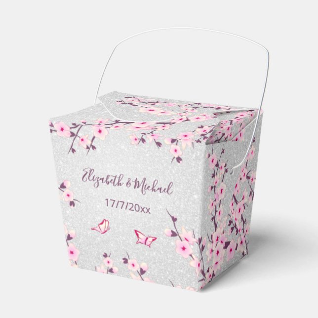 Cherry Blossom Pink Silver Glitter | Wedding Favour Box (Front Side)