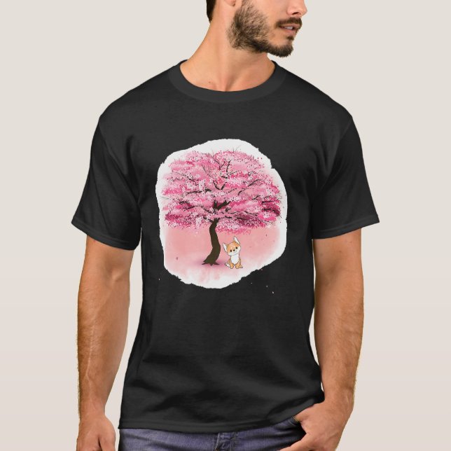 Cherry Blossom Pink Trees FLowers Shiba Inu Paws D T-Shirt (Front)