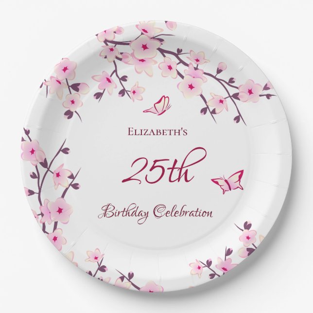 Cherry Blossom Pink White  Birthday Paper Plate (Front)