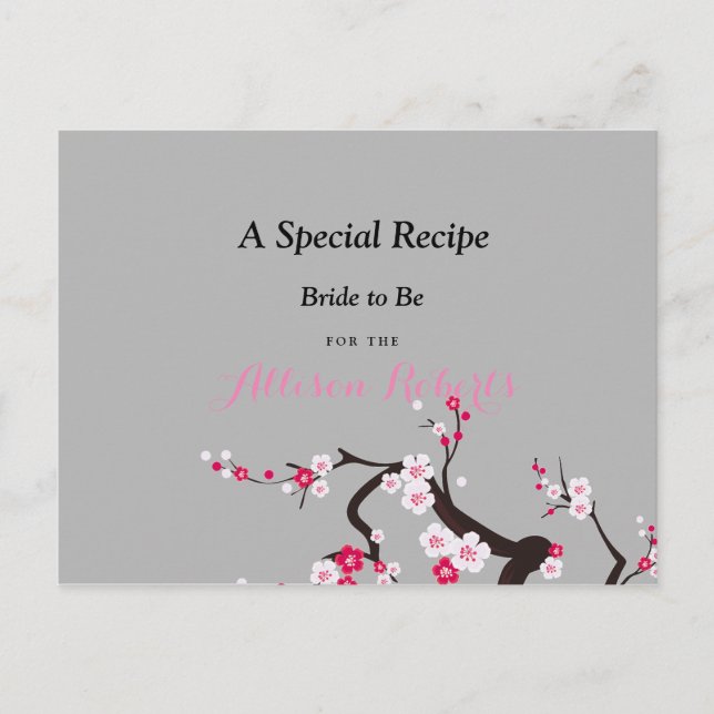 Cherry Blossom Pink White   Bridal Shower Recipe Postcard (Front)
