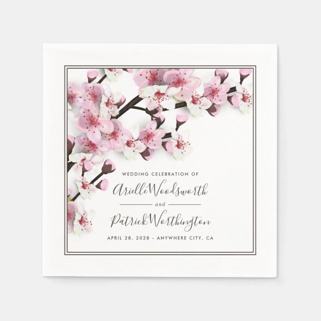 Cherry Blossom Pink White Elegant Wedding Napkins (Front)