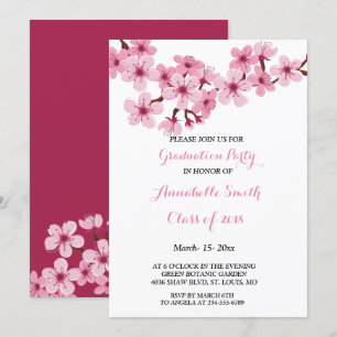 Cherry Blossom Pink White floral Graduation Party Invitation