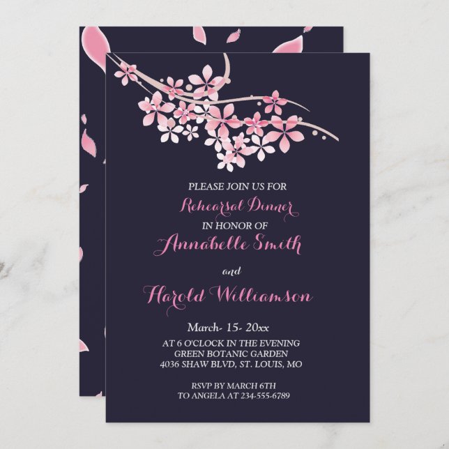 Cherry Blossom Pink White  floral Rehearsal Dinner Invitation (Front/Back)