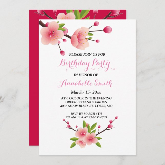 Cherry Blossom Pink White green floral Birthday Invitation (Front/Back)
