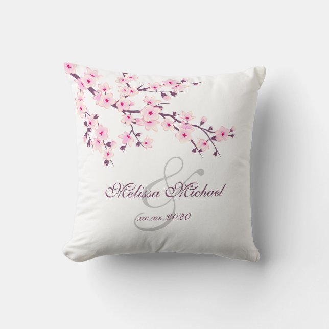Cherry Blossom Pink White Newlyweds Cushion (Front)