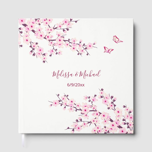 Cherry Blossom Pink White Wedding Guest Book (Front)