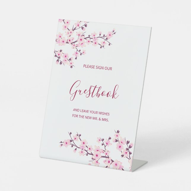Cherry Blossom Pink White Wedding Guestbook  Pedestal Sign (Front)