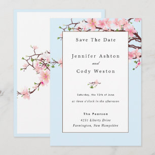 Cherry Blossom Pink White Wedding Invitation Blue