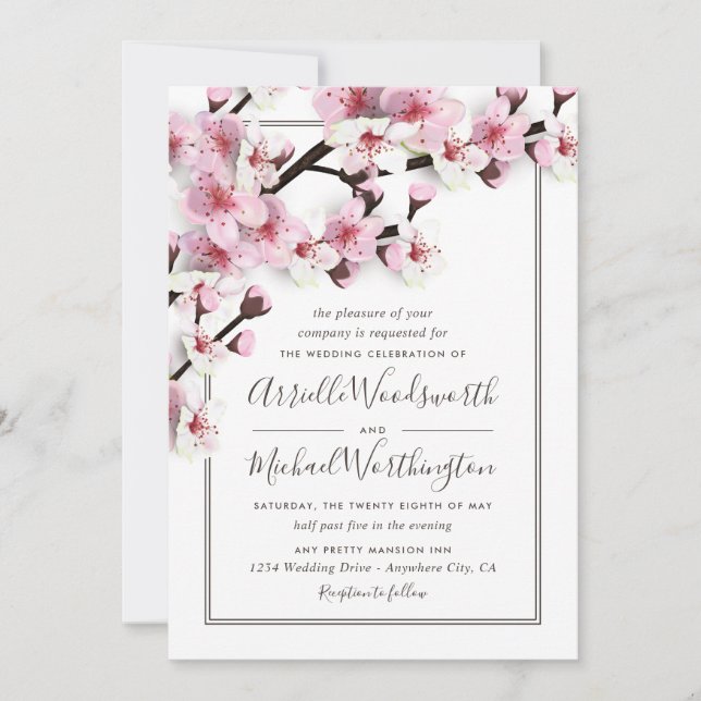 Cherry Blossom Pink White Wedding Invitations (Front)