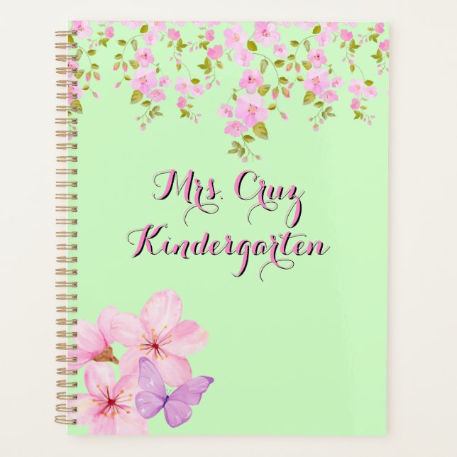 Cherry Blossom Pretty Pink & Green Custom  Planner (Front)