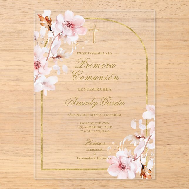 Cherry blossom primera comunión acrylic invitations (Front)