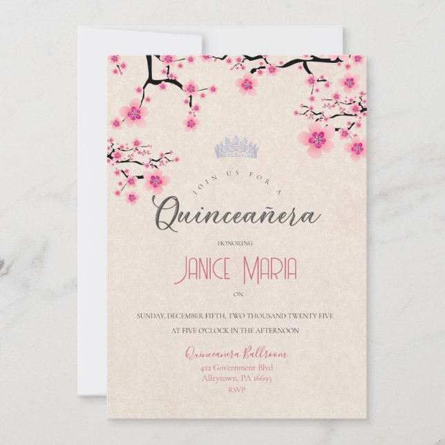 Cherry Blossom Quinceañera Invitation (Front)