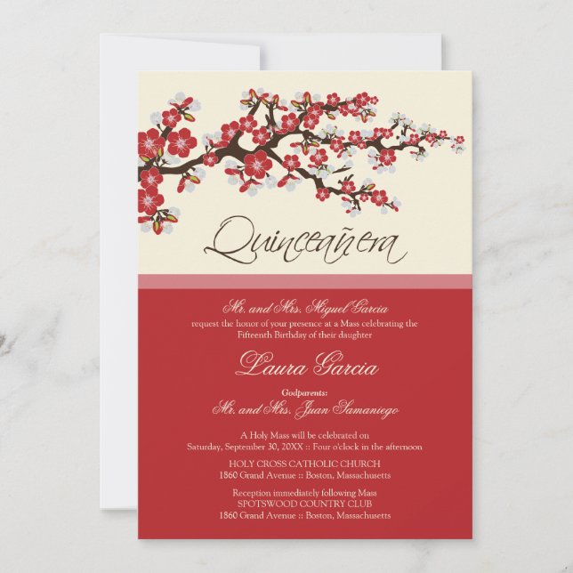 Cherry Blossom Quinceanera Invitation (red) (Front)