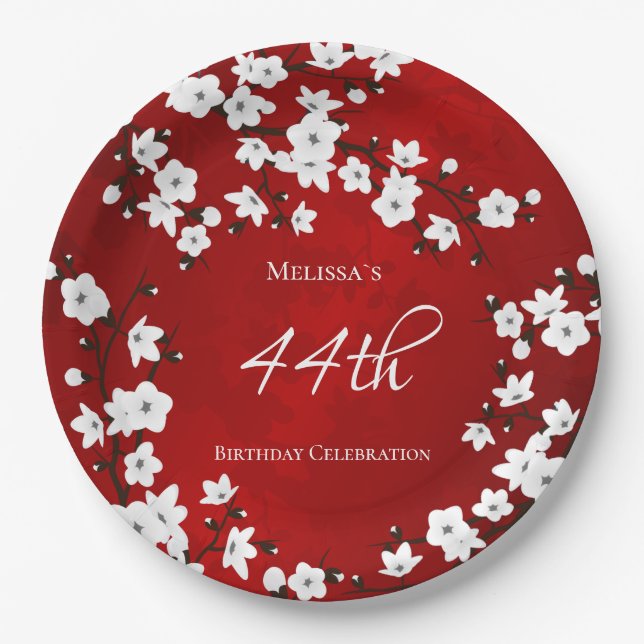 Cherry Blossom  Red Black And White Birthday  Paper Plate (Front)