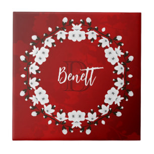 Cherry Blossom Red Black White Ceramic Tile