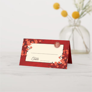 Cherry Blossom Red Gold Chinese Wedding Place Card