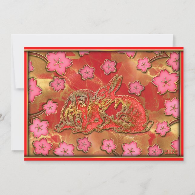 Cherry Blossom Red Gold Rabbit Chinese New Year Holiday Card (Front)