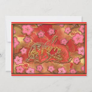 Cherry Blossom Red Gold Rabbit Chinese New Year Holiday Card