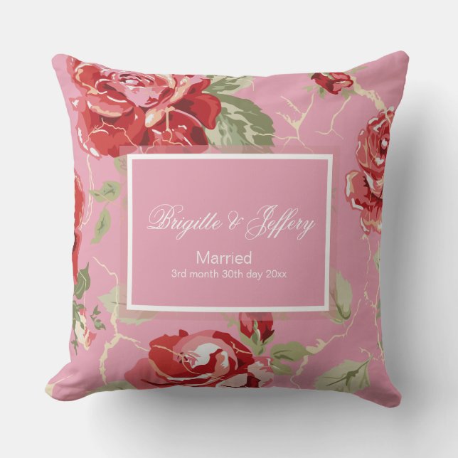 Cherry blossom red rose flower throw pillow (Front)