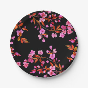 Cherry Blossom Sakura Floral Pink Black Paper Plate