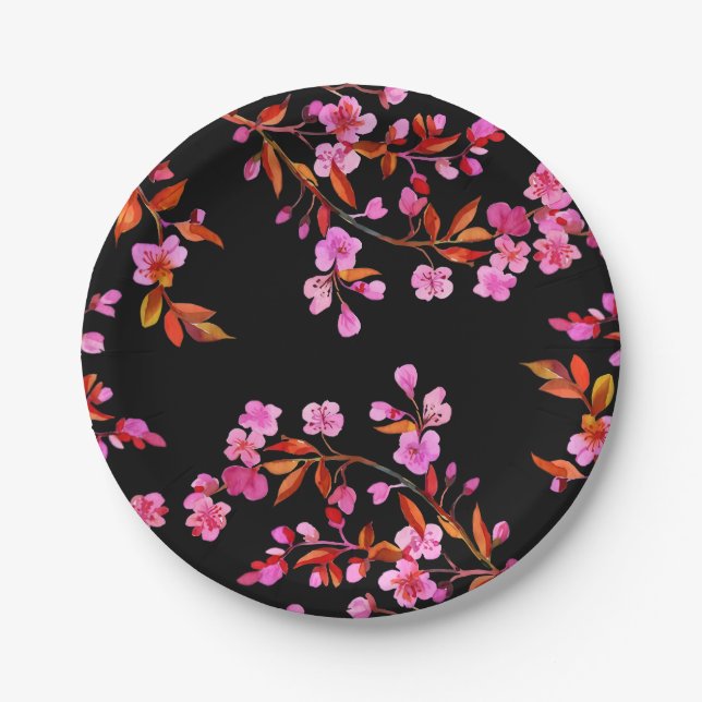 Cherry Blossom Sakura Floral Pink Black Paper Plate (Front)