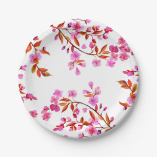 Cherry Blossom Sakura Floral Pink White Paper Plate