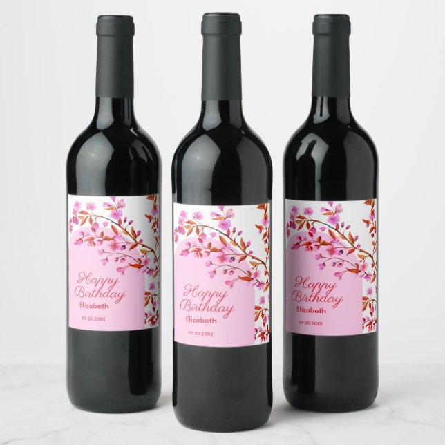 Cherry Blossom Sakura Flower Pink White Birthday Wine Label (Bottles)