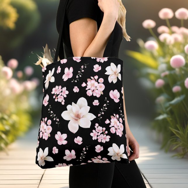 Cherry Blossom Sakura Magnolia Spring Pink Black Tote Bag (Cherry Blossom Sakura Magnolia Spring Pink Black Tote Bag)
