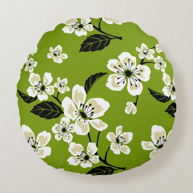 CHERRY BLOSSOM - SAKURA PATTERN IN MATCHA GREEN ROUND CUSHION (Front)