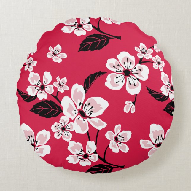 CHERRY BLOSSOM - SAKURA PATTERN IN RED ROUND CUSHION (Front)