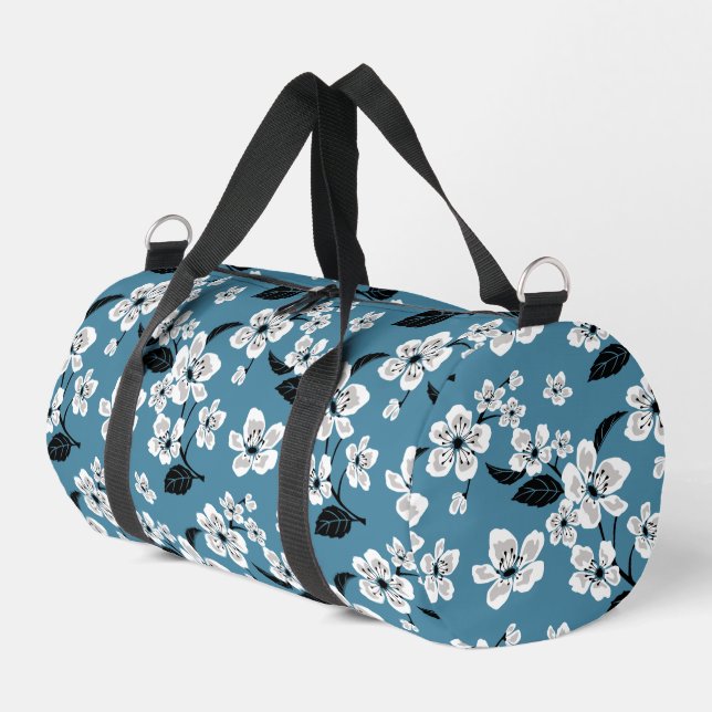 CHERRY BLOSSOM - SAKURA PATTERN IN SMOKY BLUE DUFFLE BAG (Left Corner)
