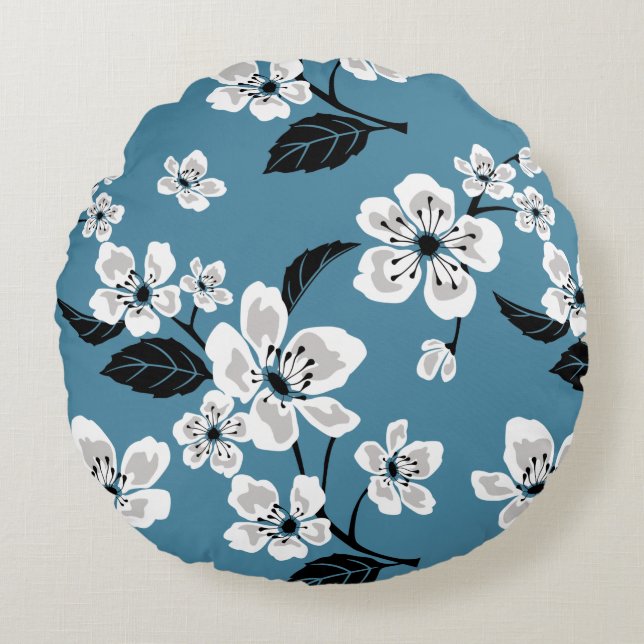 CHERRY BLOSSOM - SAKURA PATTERN IN SMOKY BLUE ROUND CUSHION (Front)