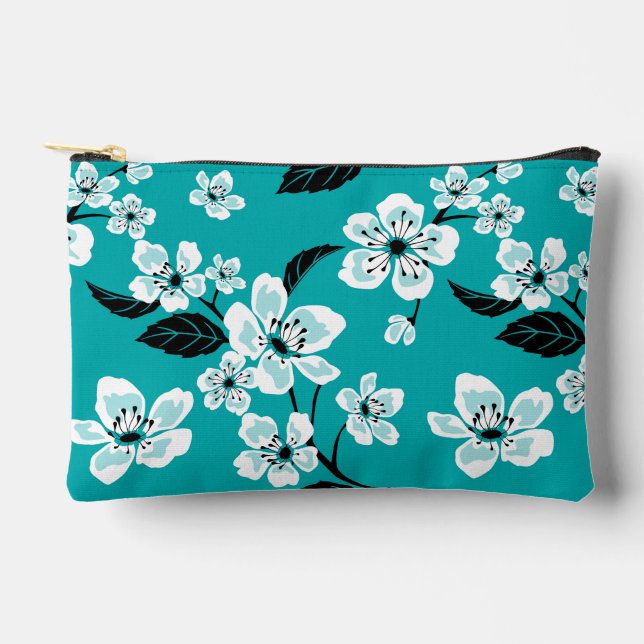 CHERRY BLOSSOM - SAKURA PATTERN IN TEAL ACCESSORY POUCH (Front)