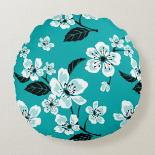CHERRY BLOSSOM - SAKURA PATTERN IN TEAL ROUND CUSHION