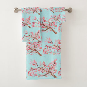 Cherry blossom Sakura Pink Floral Japanese Asia Bath Towel Set
