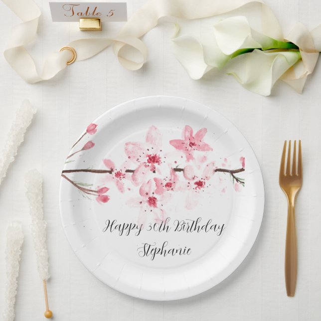 Cherry blossom Sakura Pink Floral Pretty Birthday Paper Plate (Wedding)