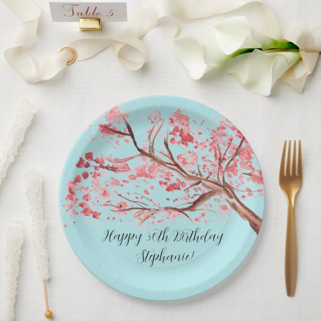 Cherry blossom Sakura Pink Turquoise Birthday Paper Plate (Wedding)