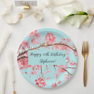 Cherry blossom Sakura Pink Turquoise Birthday Paper Plate